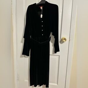 Halston II Vintage Black Velvet Dress. Long sleeves, belt and pear buttons.